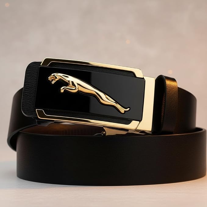 Nexbelt Men's Leather Belt, Black with Gold Leaping Jaguar Automatic Buckle, Formal Style
