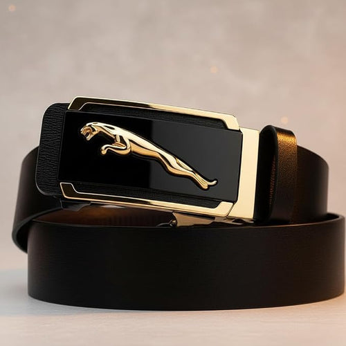 Nexbelt Men's Leather Belt, Black with Gold Leaping Jaguar Automatic Buckle, Formal Style