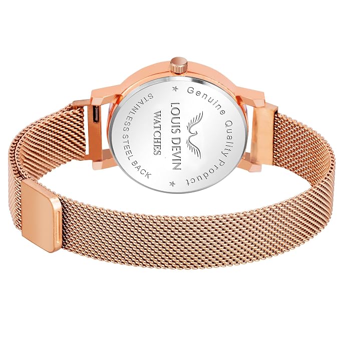 LOUIS DEVIN Rose Gold Plated Mesh Chain Analog Wrist Watch